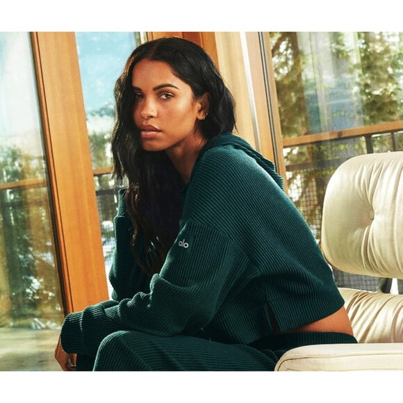 Alo Muse Hoodie Midnight Green Ribbed Hooded Pullover Sweatshirt Hood Sweater L - Picture 6 of 11